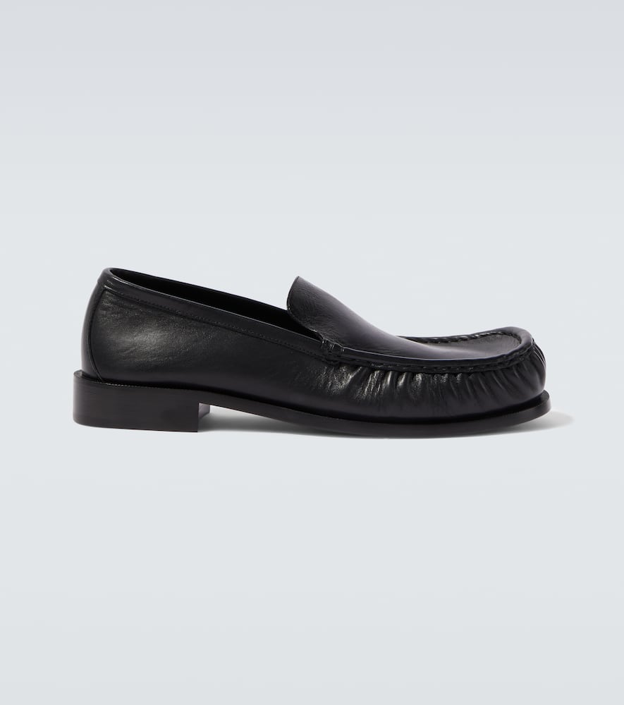Dries Van Noten Squared Toe Black Leather Loafers With Embossed Stitching In Black
