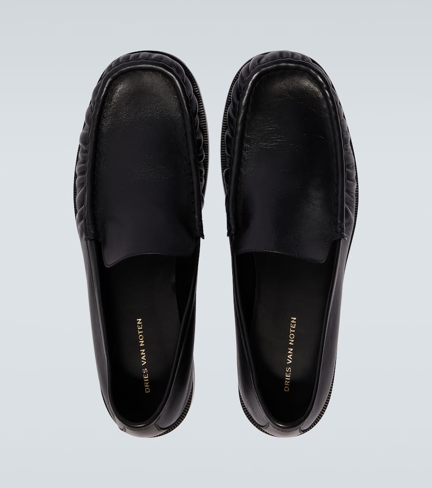 Dries Van Noten Squared Toe Black Leather Loafers With Embossed Stitching In Black