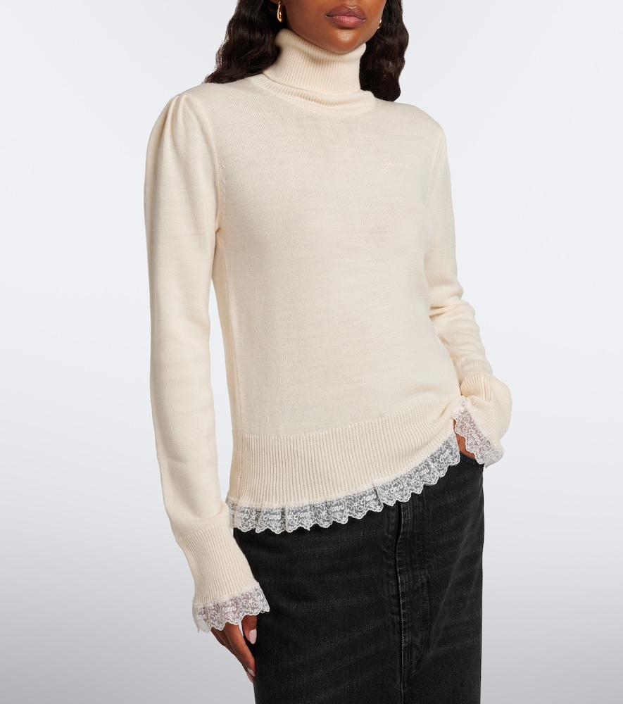 Lace-Trimmed Wool Turtleneck Sweater