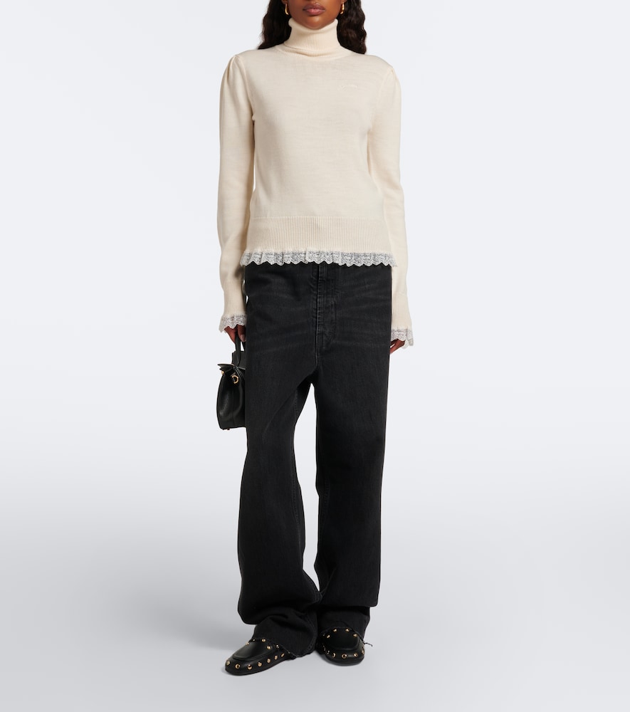 Lace-Trimmed Wool Turtleneck Sweater