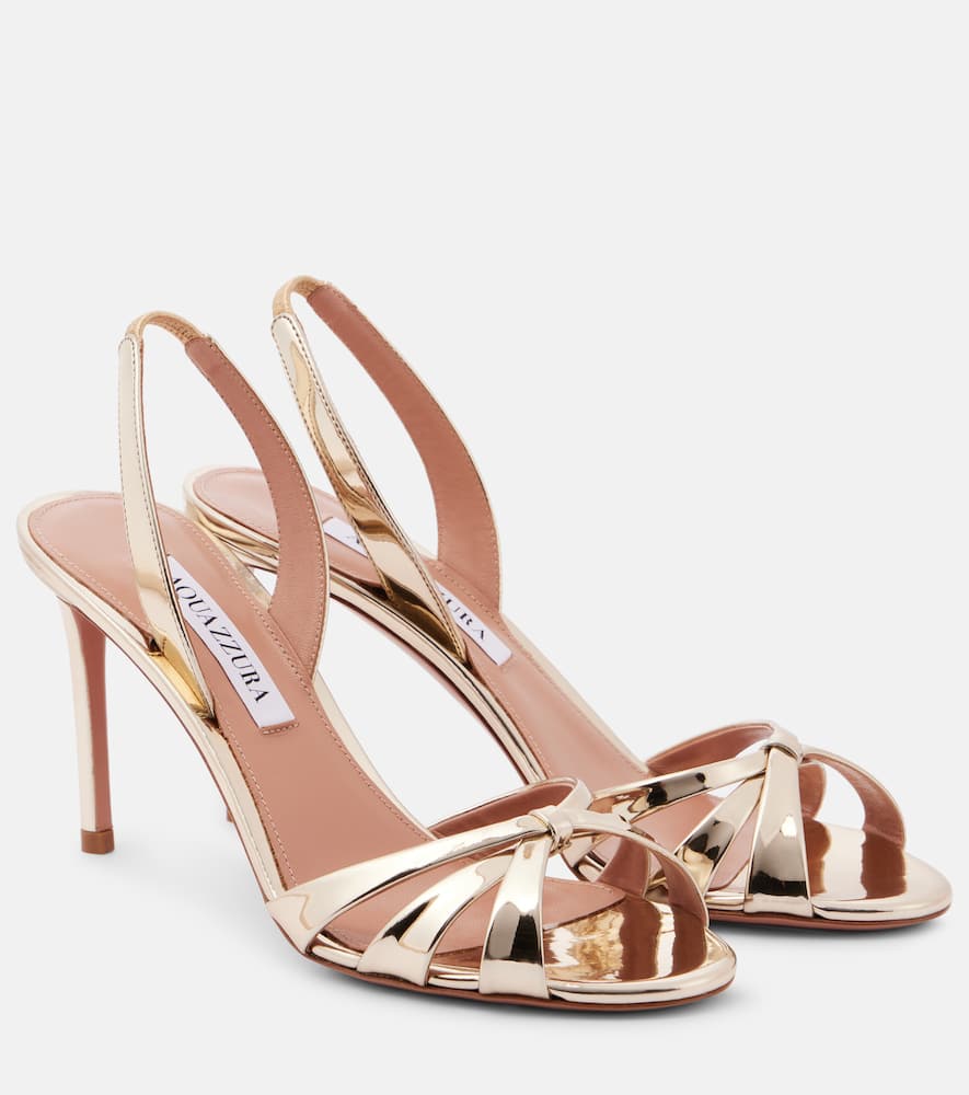 Aquazzura Tati 85 Metallic Leather Crossover Sandals In Grey