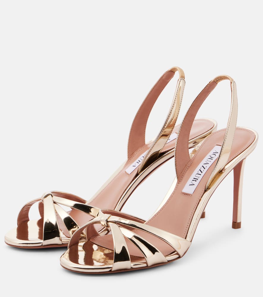 Aquazzura Tati 85 Metallic Leather Crossover Sandals In Grey