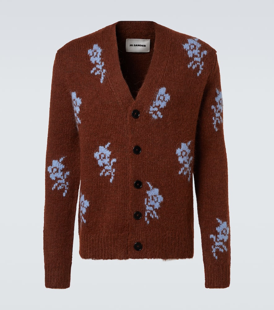 Jil Sander Mens Shore Flower-intarsia V-neck Wool-blend Cardigan In Brown