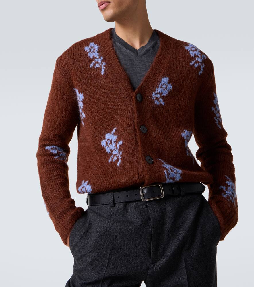 Jil Sander Mens Shore Flower-intarsia V-neck Wool-blend Cardigan In Brown