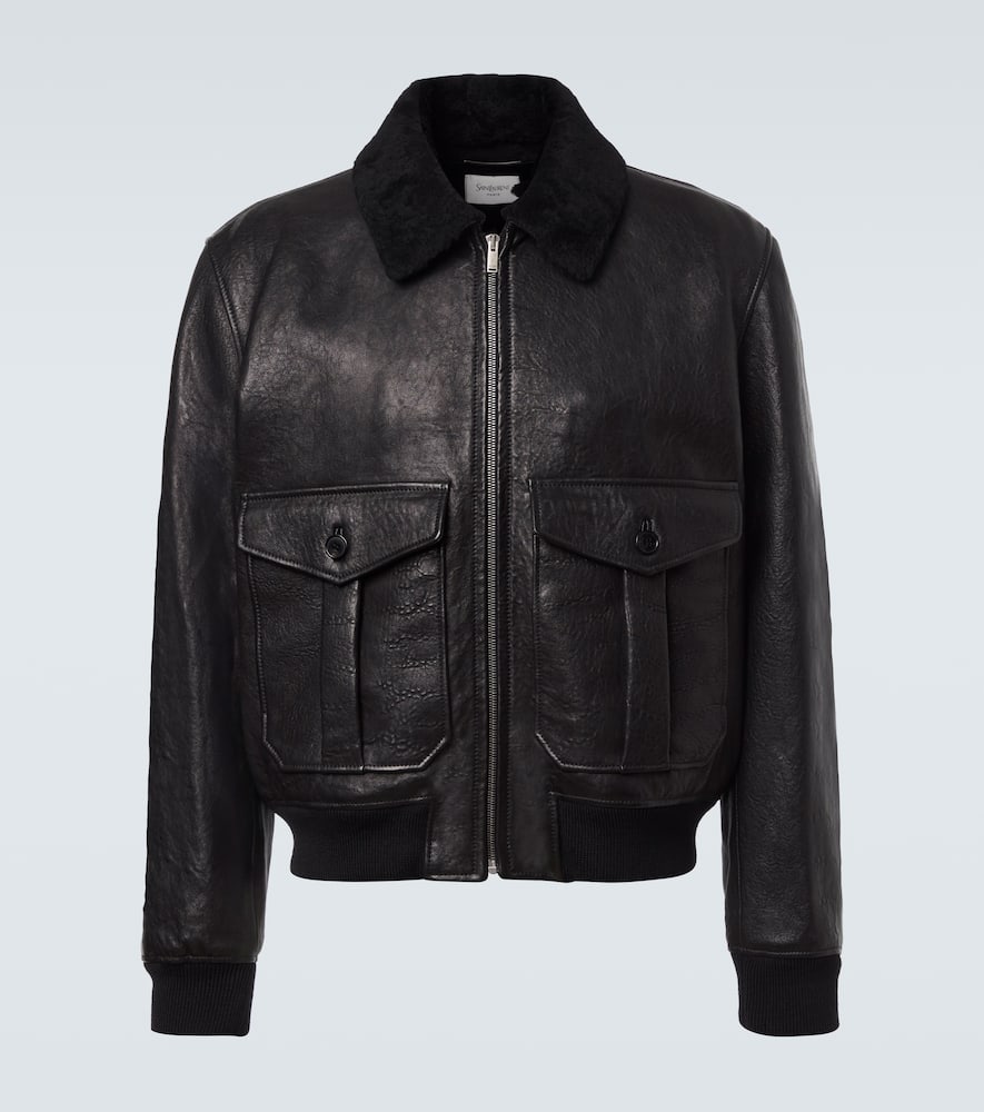 Saint Laurent Shearling-trimmed Leather Bomber Jacket In Blue