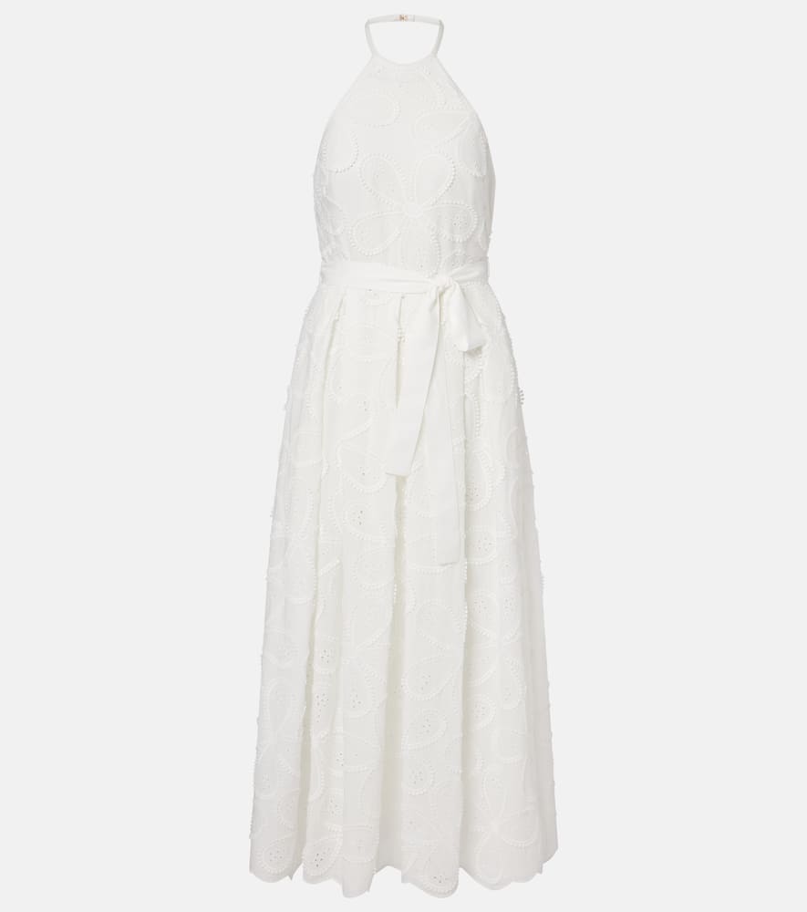 Abito midi in misto cotone con cintura e ricamo