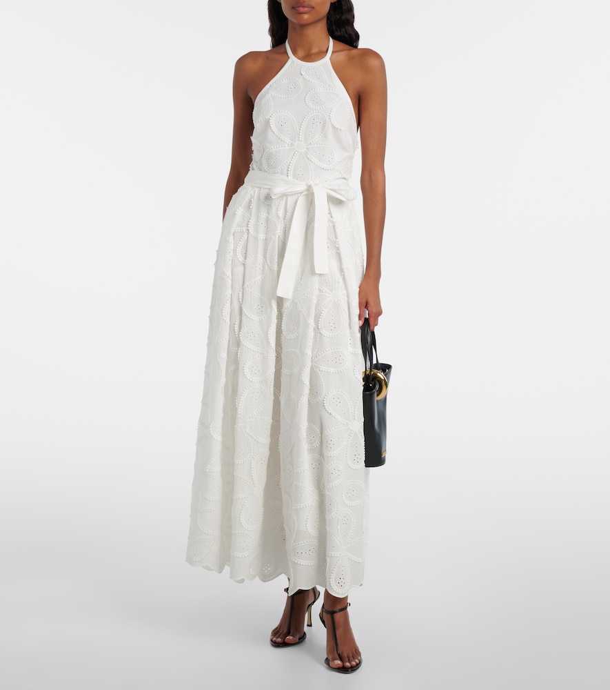 Elie Saab Embroidered belted cotton-blend midi dress