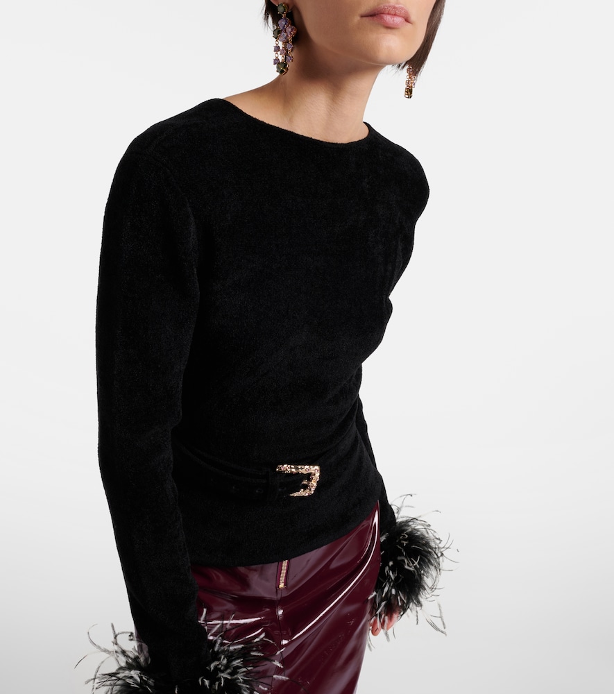 Belted Feather-Trimmed Sweater