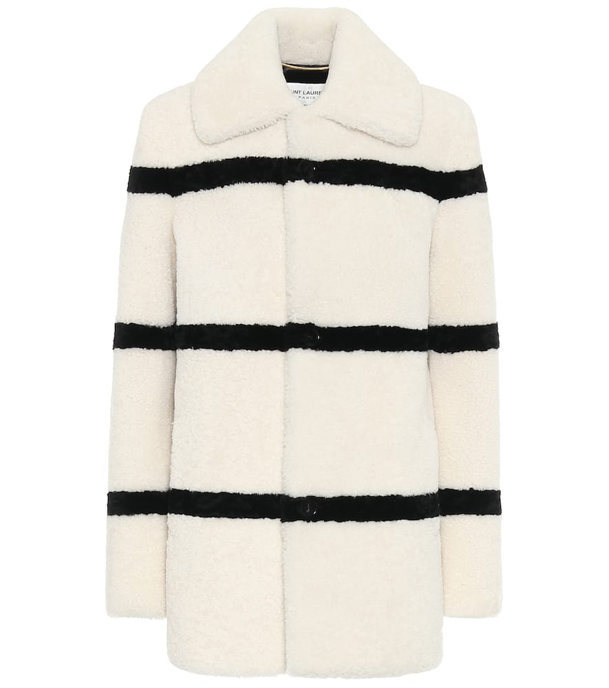 SAINT LAURENT STRIPED SHEARLING PEA COAT,P00402528