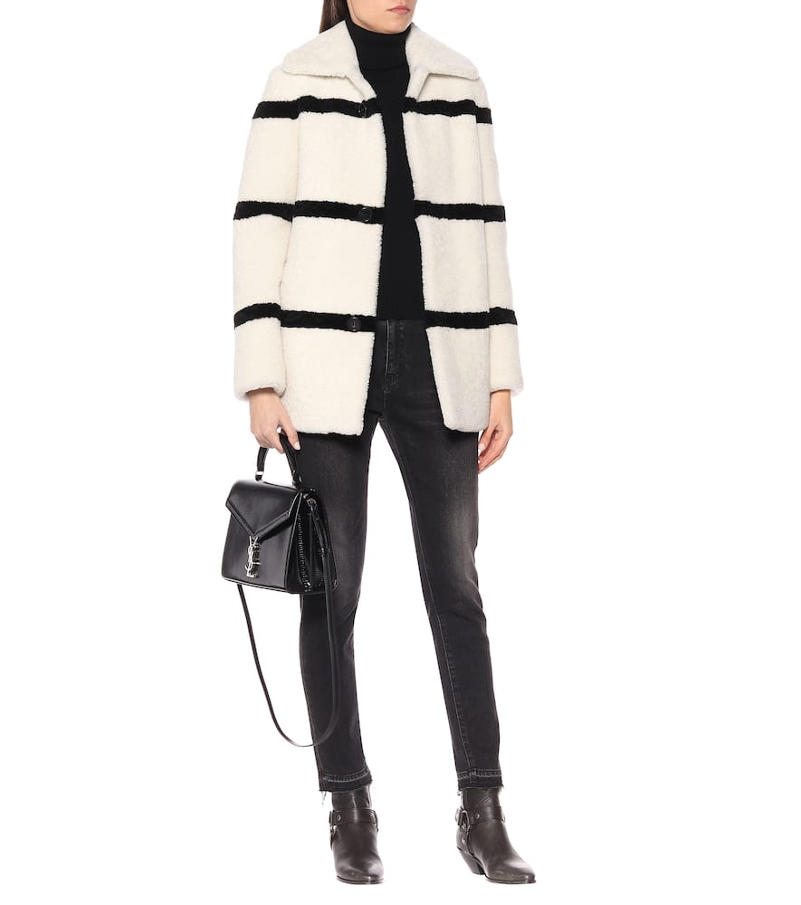 SAINT LAURENT STRIPED SHEARLING PEA COAT,P00402528