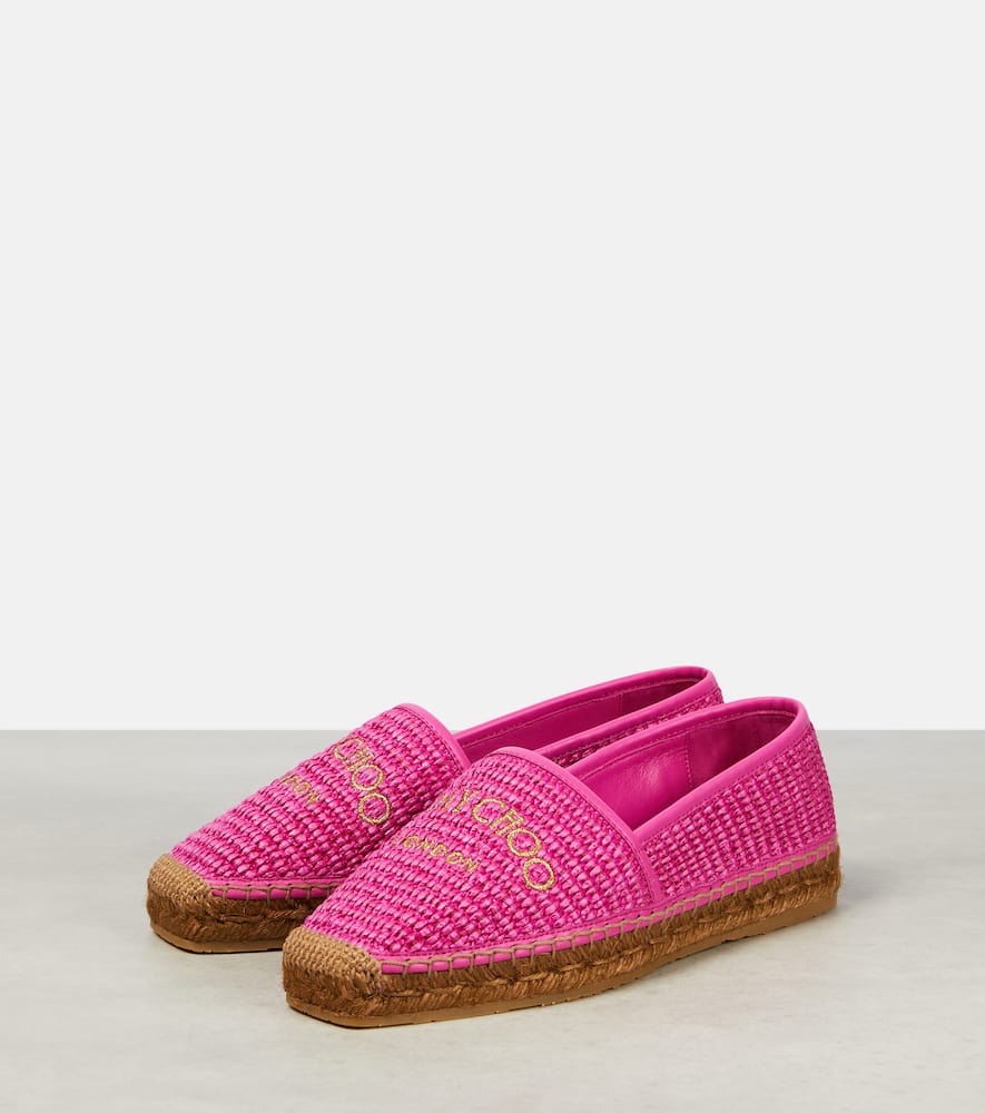 Shop Jimmy Choo Brie Flat Logo Raffia Espadrilles In Fuchsia/gold