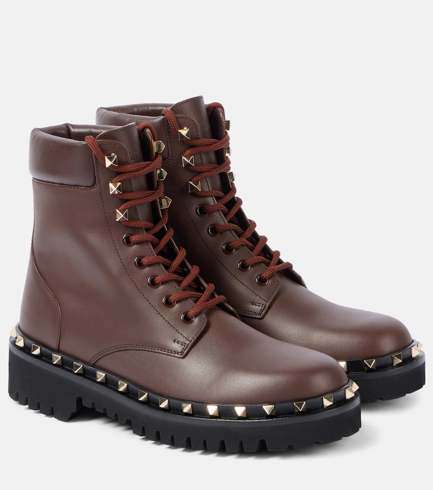 Valentino Rockstud Bootie Leather Combat Boots In Brown