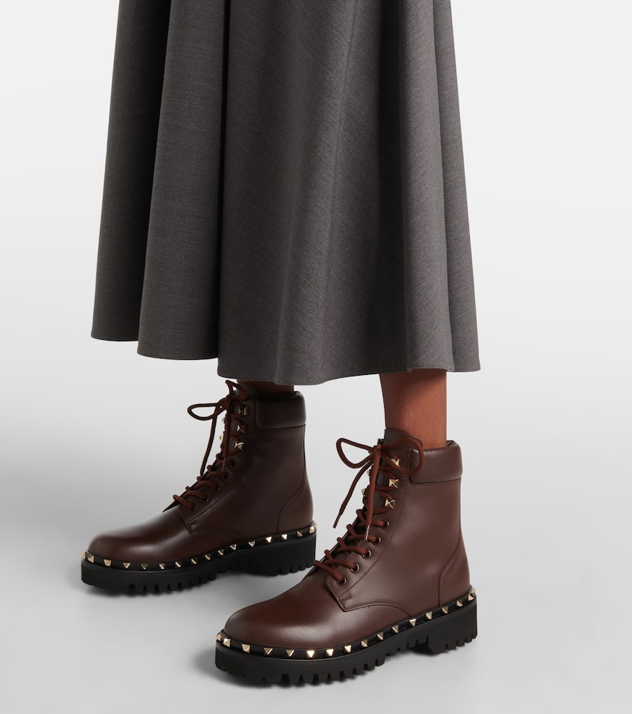 Valentino Rockstud Bootie Leather Combat Boots In Brown
