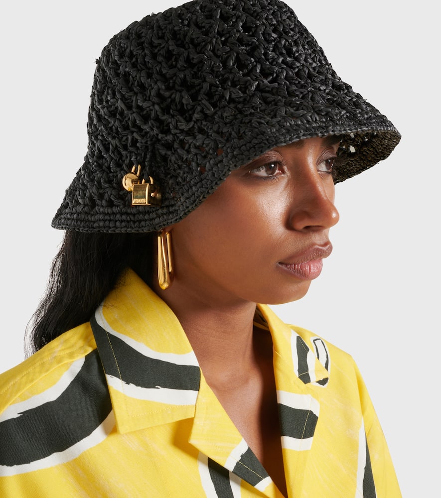 Jacquemus Le Bob Spiaggia Raffia Bucket Hat In Black