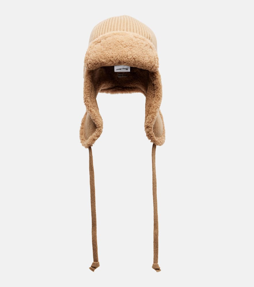 Miu Miu Logo Shearling-trimmed Wool And Cashmere Hat In Brown
