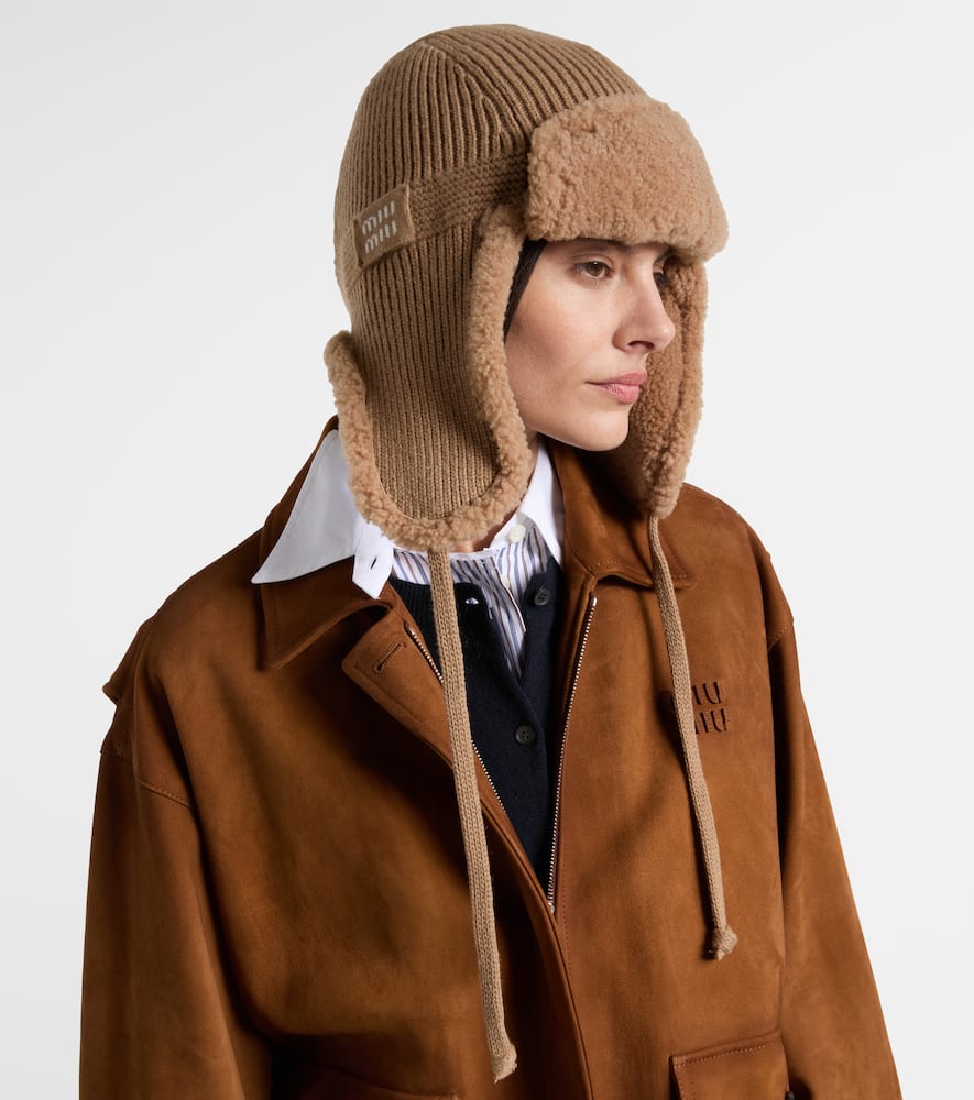 Miu Miu Logo Shearling-trimmed Wool And Cashmere Hat In Brown