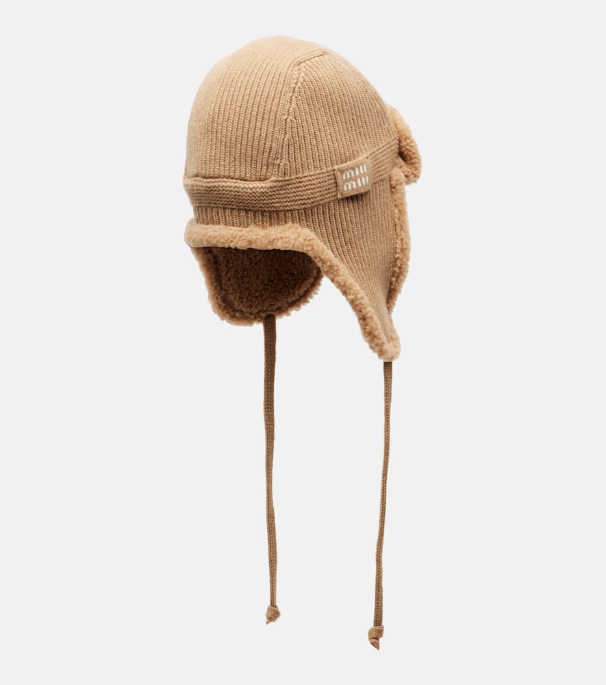 Miu Miu Logo Shearling-trimmed Wool And Cashmere Hat In Brown