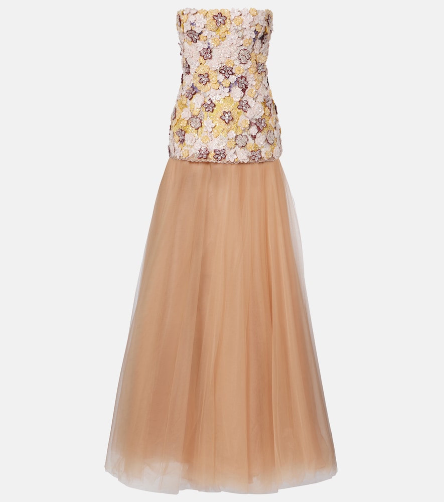 Costarellos Theia floral-appliqué sequined tulle gown