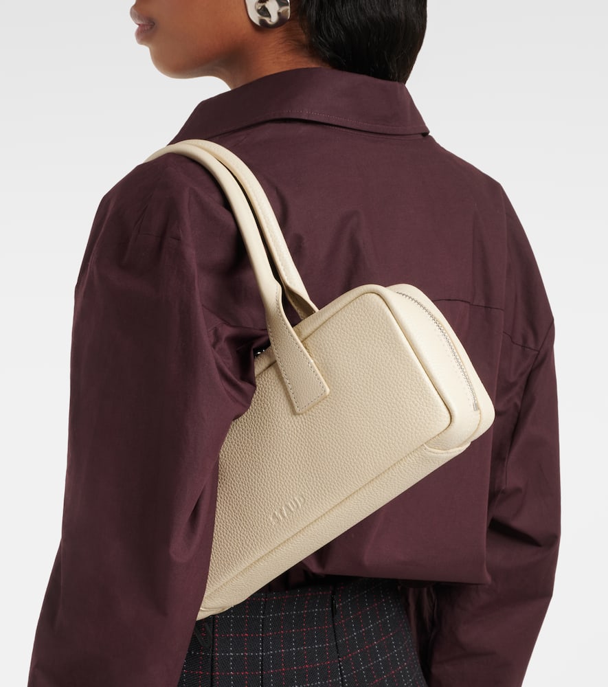 Staud Beige Leather Shoulder Bag With Embossed Logo In White