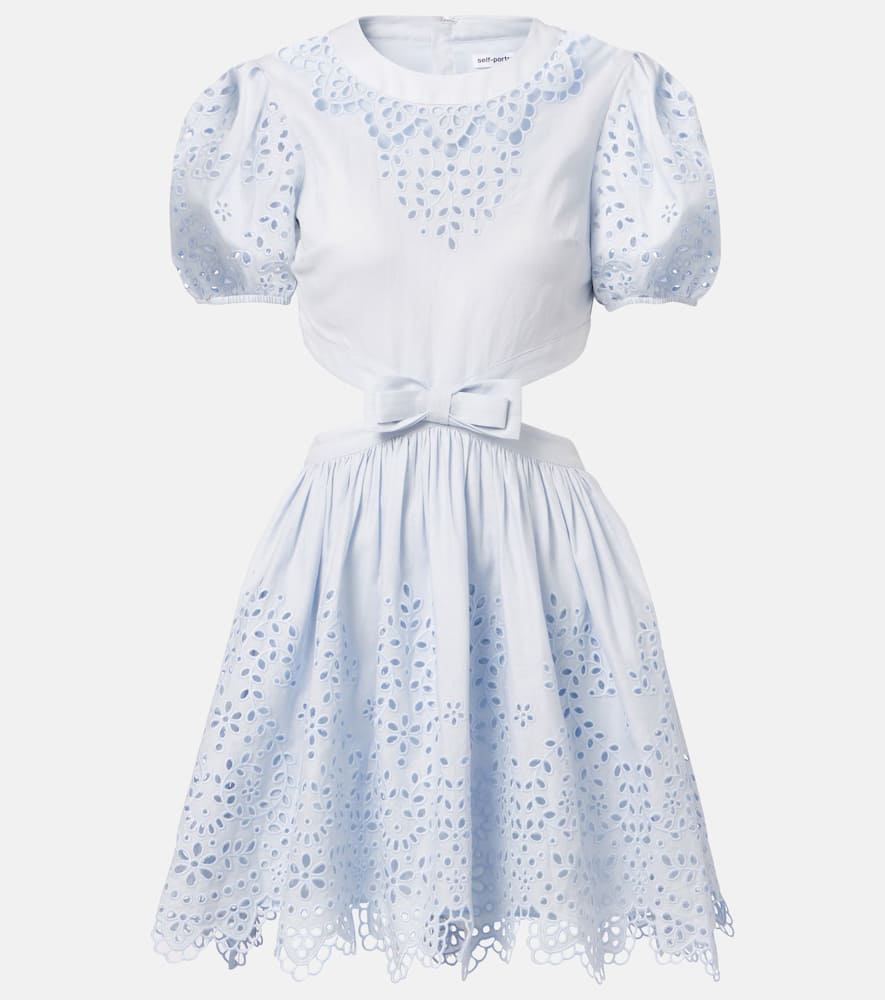 Self-portrait Embroidered Linen Mini Dress In Blue