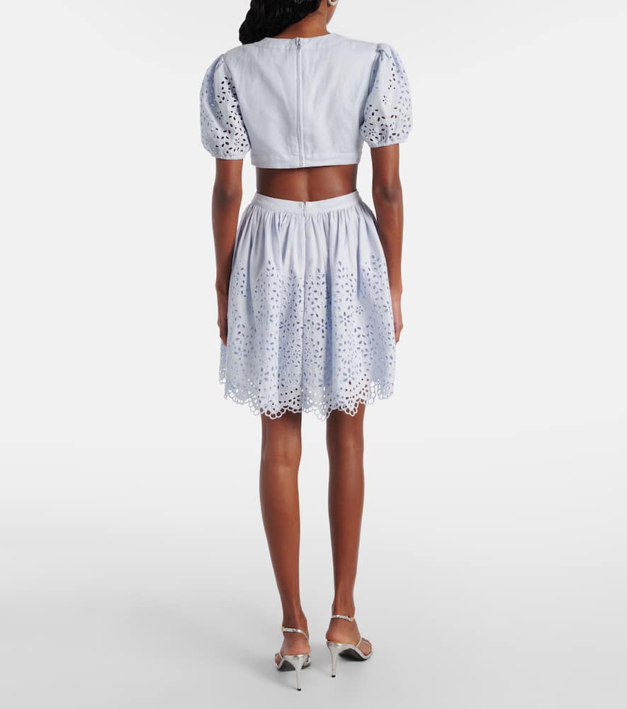Self-portrait Embroidered Linen Mini Dress In Blue