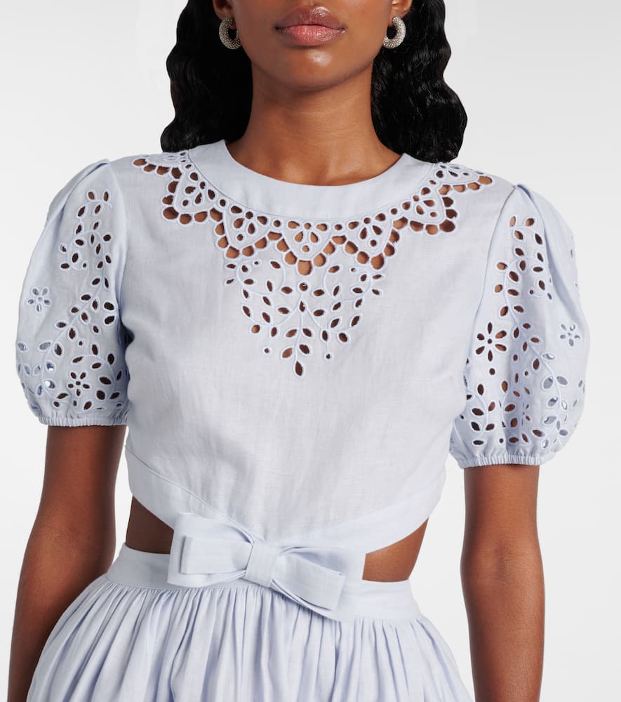 Self-portrait Embroidered Linen Mini Dress In Blue