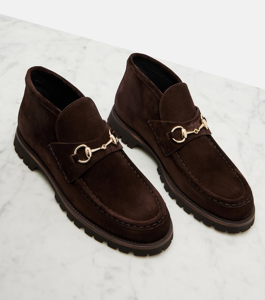 Gucci Women Horsebit Suede Ankle Boots In Brown