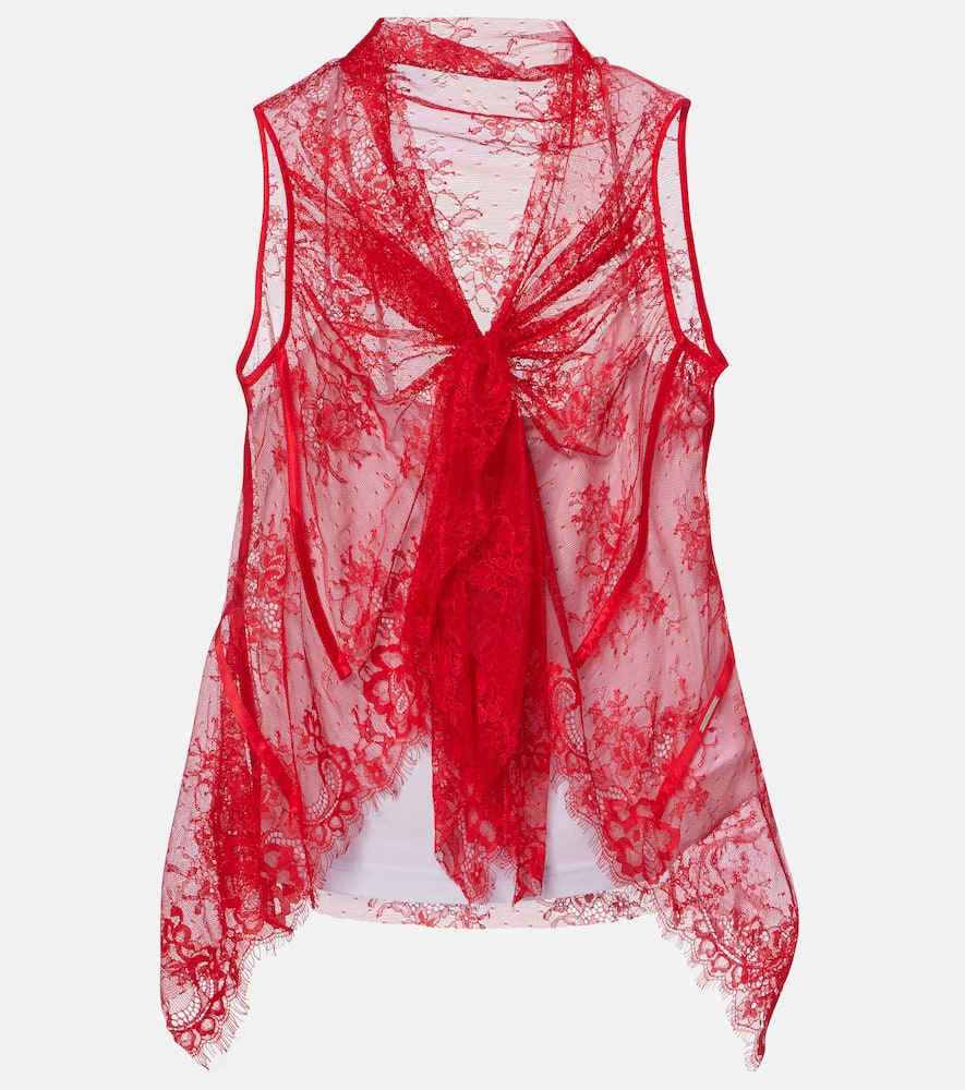 Jacques Wei Tie-neck Silk-trimmed Lace Top In Red