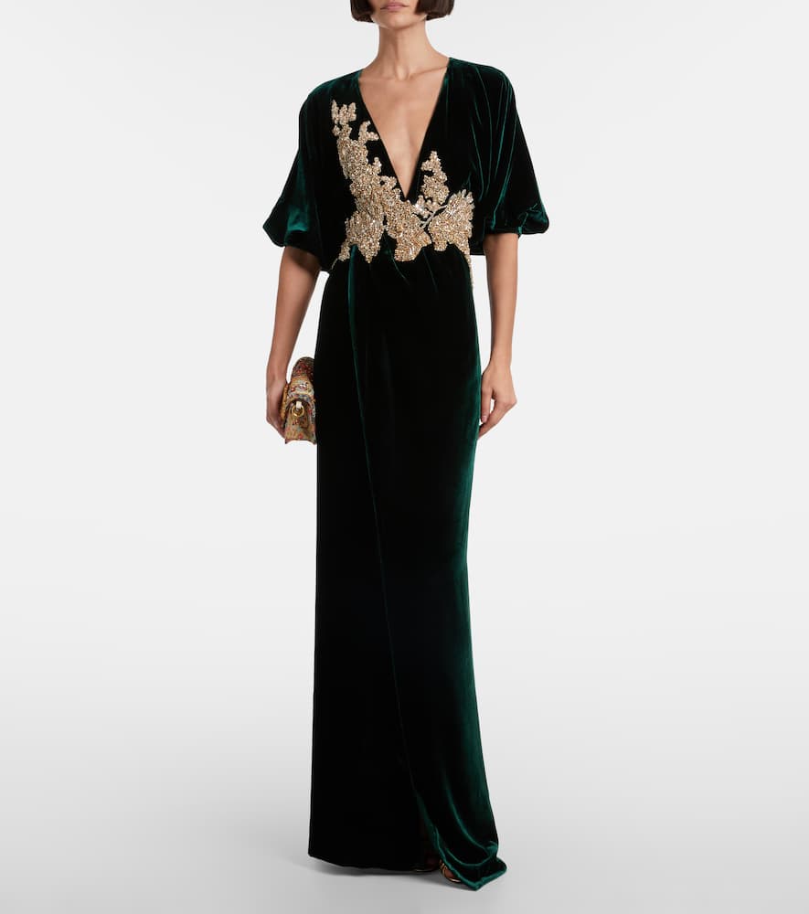 Costarellos Floral Velvet Maxi Dress In Green