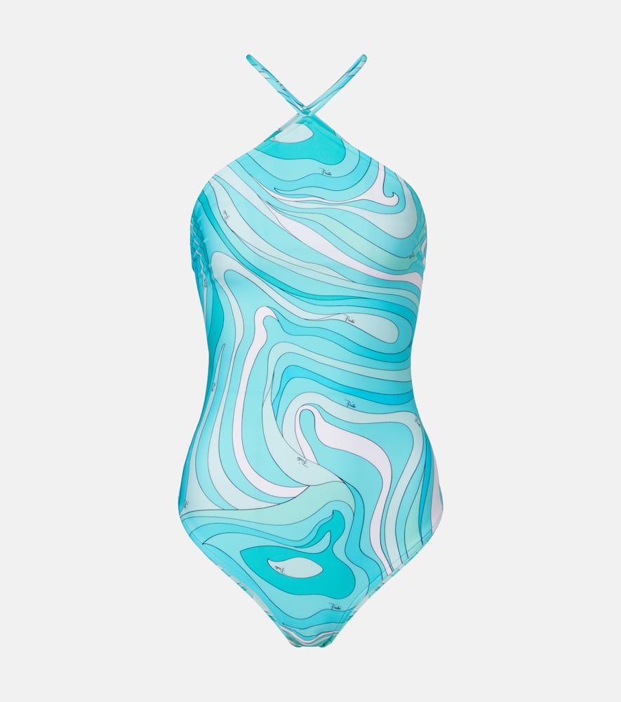 Pucci Marmo Halterneck Swimsuit In Blue