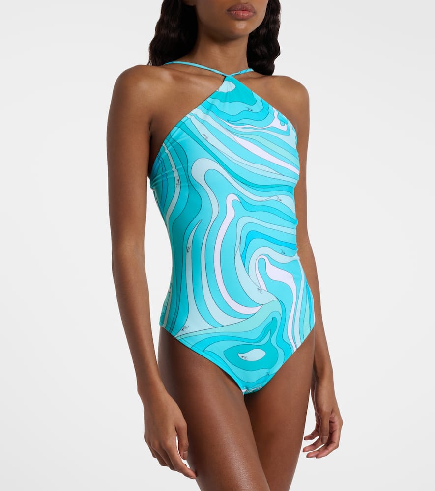 Pucci Marmo Halterneck Swimsuit In Blue