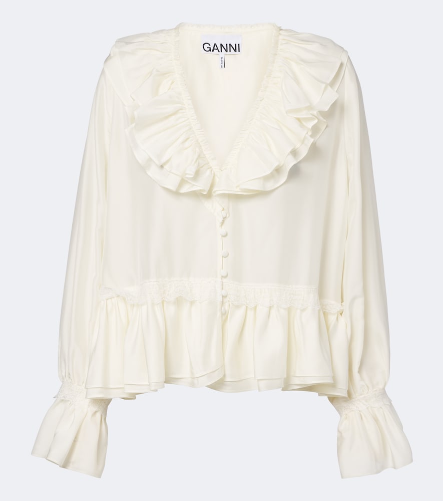 Ganni Women's White Lace-Trimmed Ruffled Blouse UK Size 14 - Mytheresa
