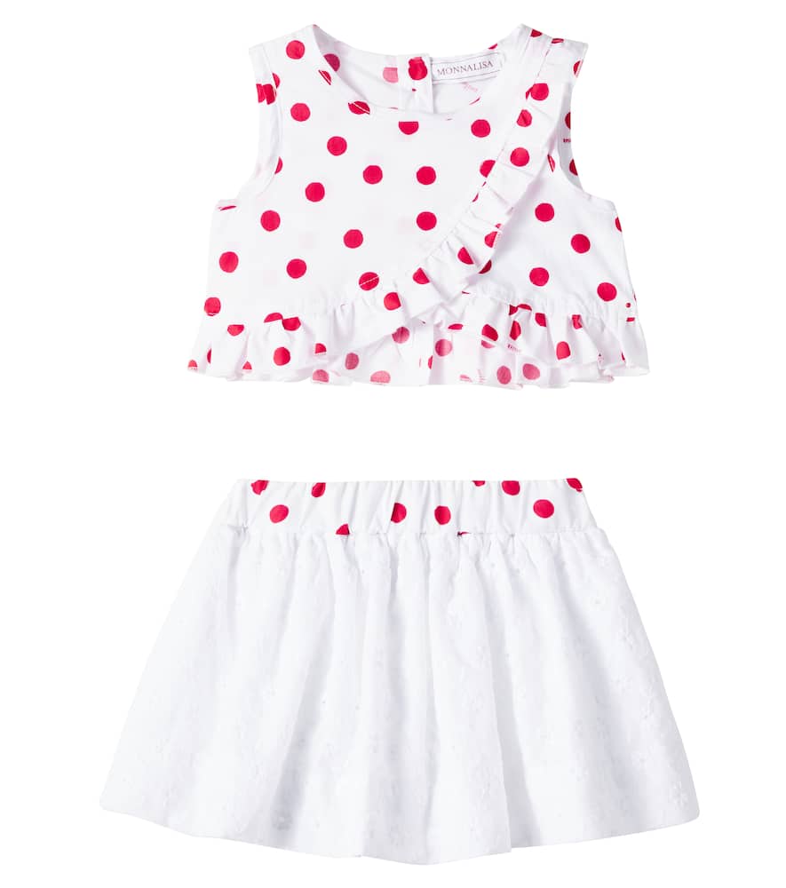 Monnalisa Polka-dot Cotton Top And Skirt Set In White