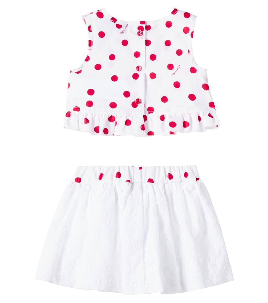 Monnalisa Polka-dot Cotton Top And Skirt Set In White