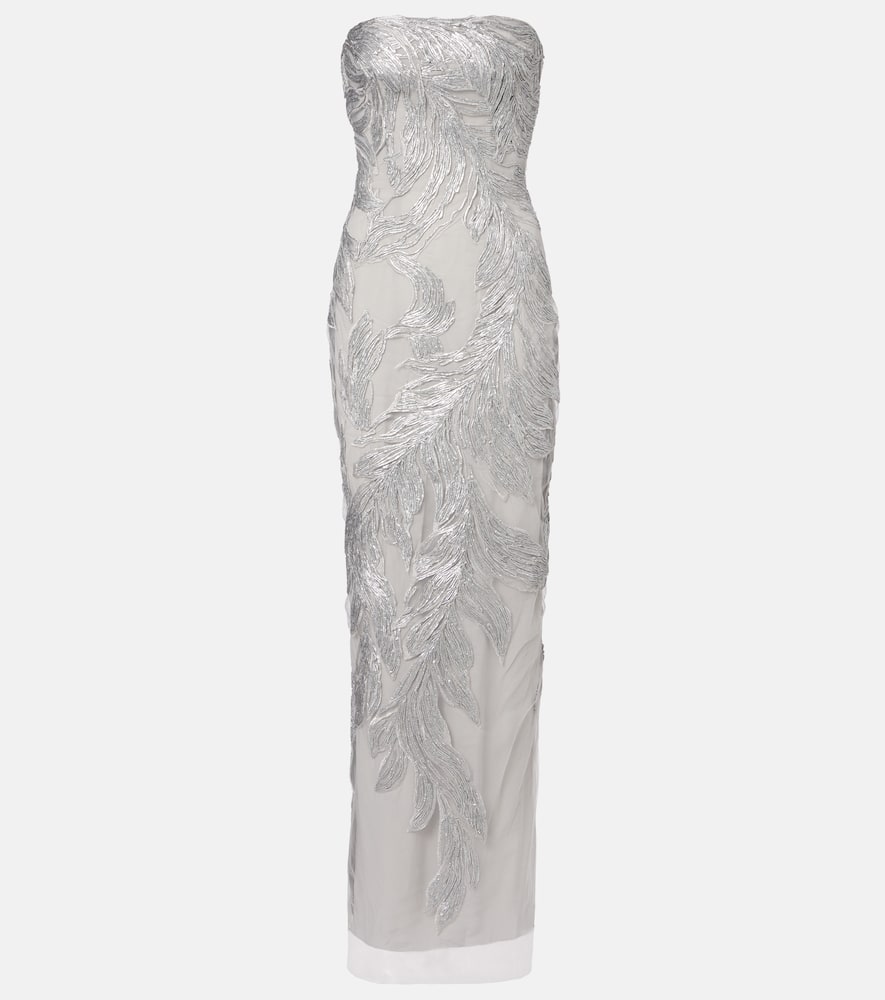 Monique Lhuillier Embroidered Silk Tulle Gown In Silver