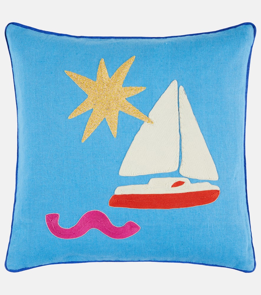 Jonathan Adler Playa Sailboat Linen Cushion In Blue