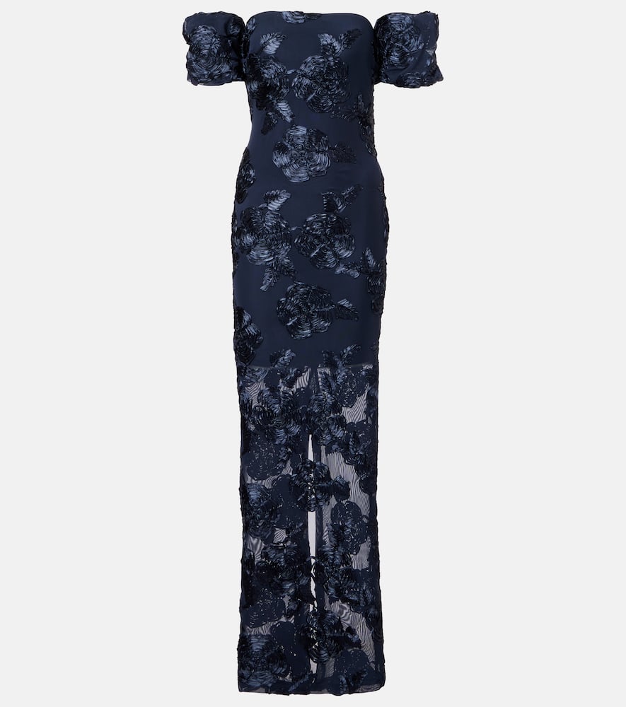 Rotate Birger Christensen Floral-appliqué Mesh Gown In Blue