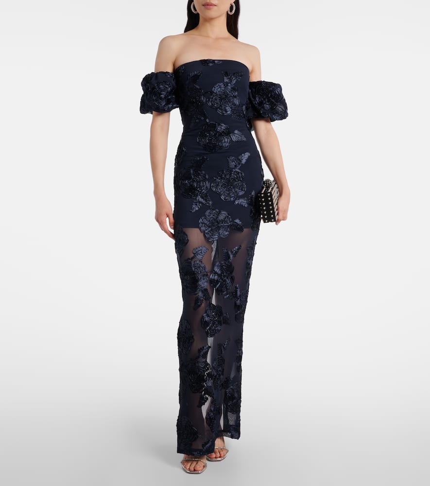 Rotate Birger Christensen Floral-appliqué Mesh Gown In Blue
