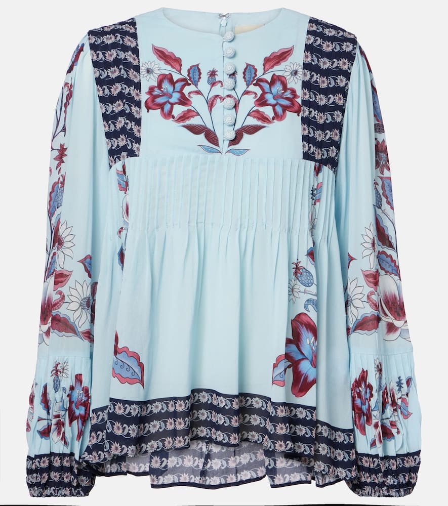 Farm Rio Marcelle Pleated Blouse In Blue