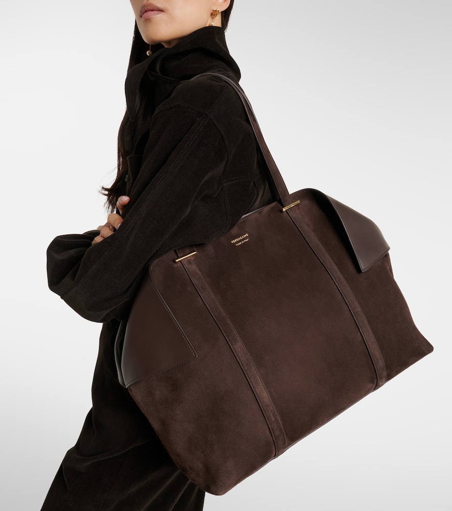 Ferragamo Scarf Large Suede Tote Bag In Brown