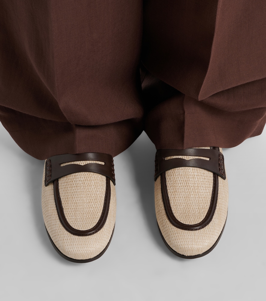 Woven Leather-Trimmed Penny Loafers