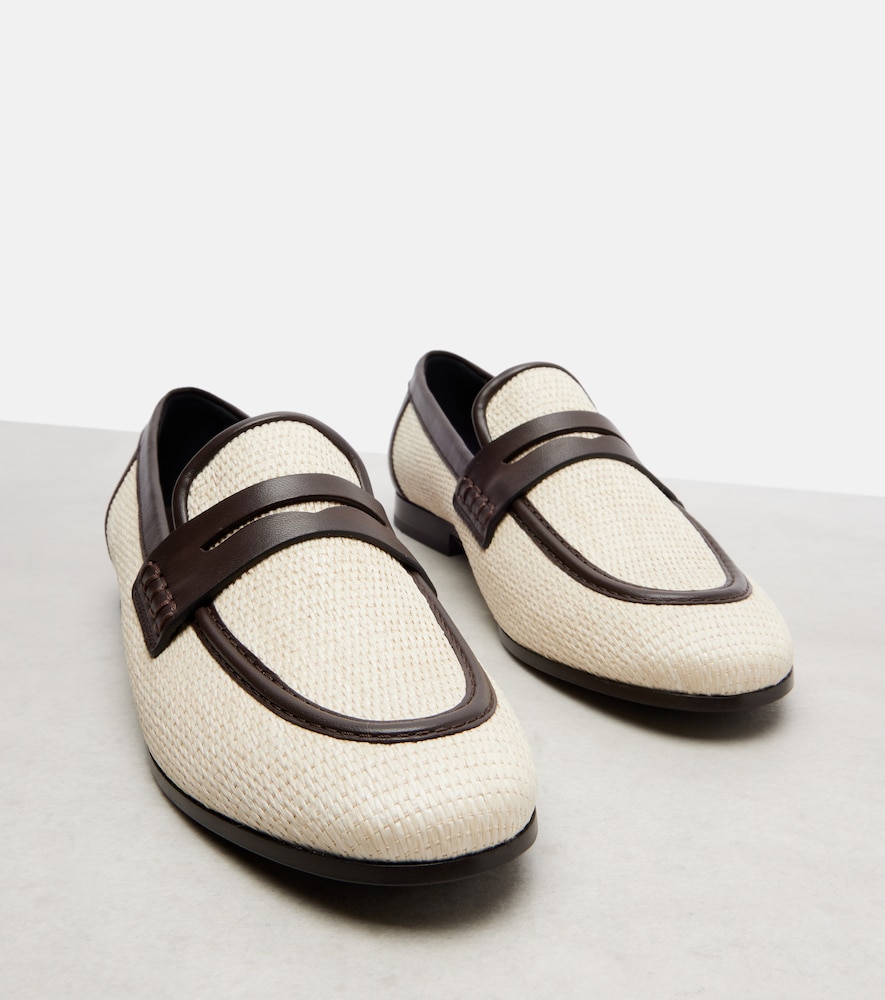 Woven Leather-Trimmed Penny Loafers
