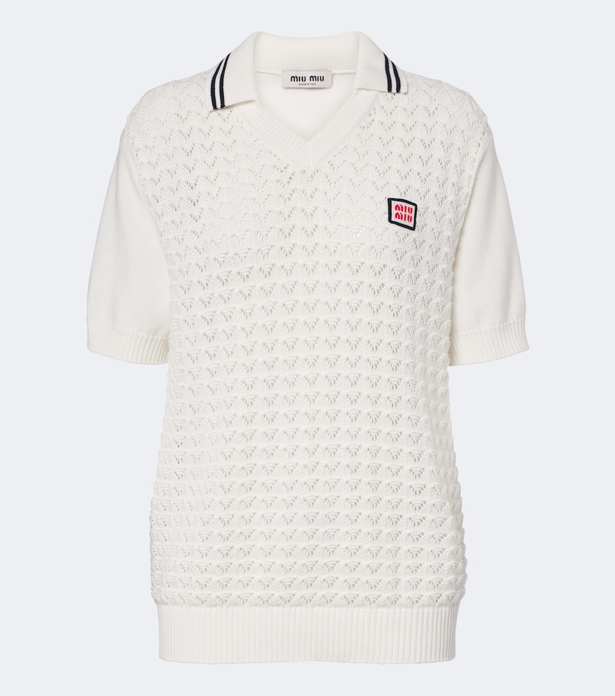 Miu Miu Open-knit Cotton Polo Shirt In White