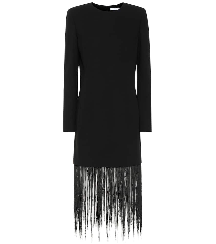 Click to view more detailed imagery on our partner's website Givenchy Long-Sleeve Crewneck Sheath Wool Crepe Cocktail Dress W/ Fringe Hem In Black