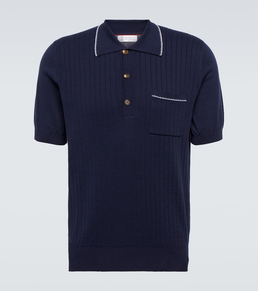 Brunello Cucinelli Ribbed-knit Polo Shirt In Marina+grigio