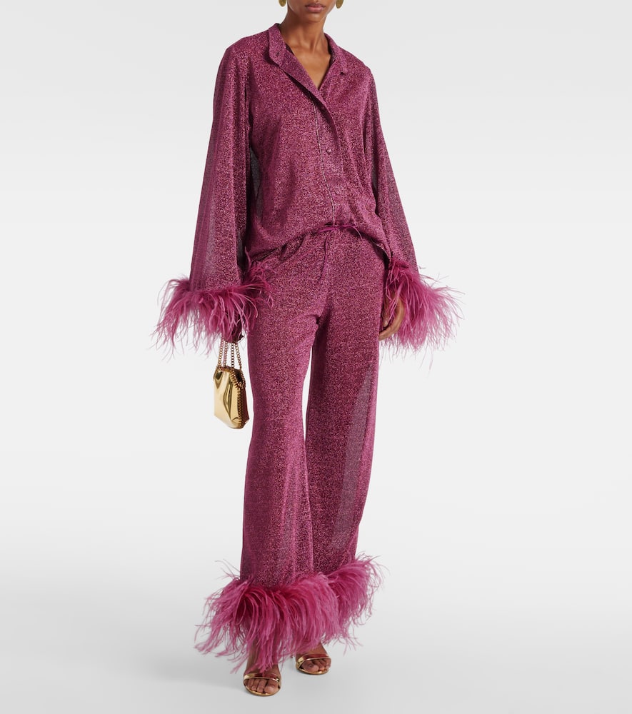 OSEREE OSÉREE LUMIÈRE PLUMAGE FEATHER-TRIMMED LAMÉ PANTS