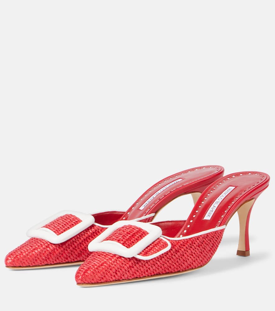 Manolo Blahnik Maysale 70 Leather-trimmed Raffia Mules In Red