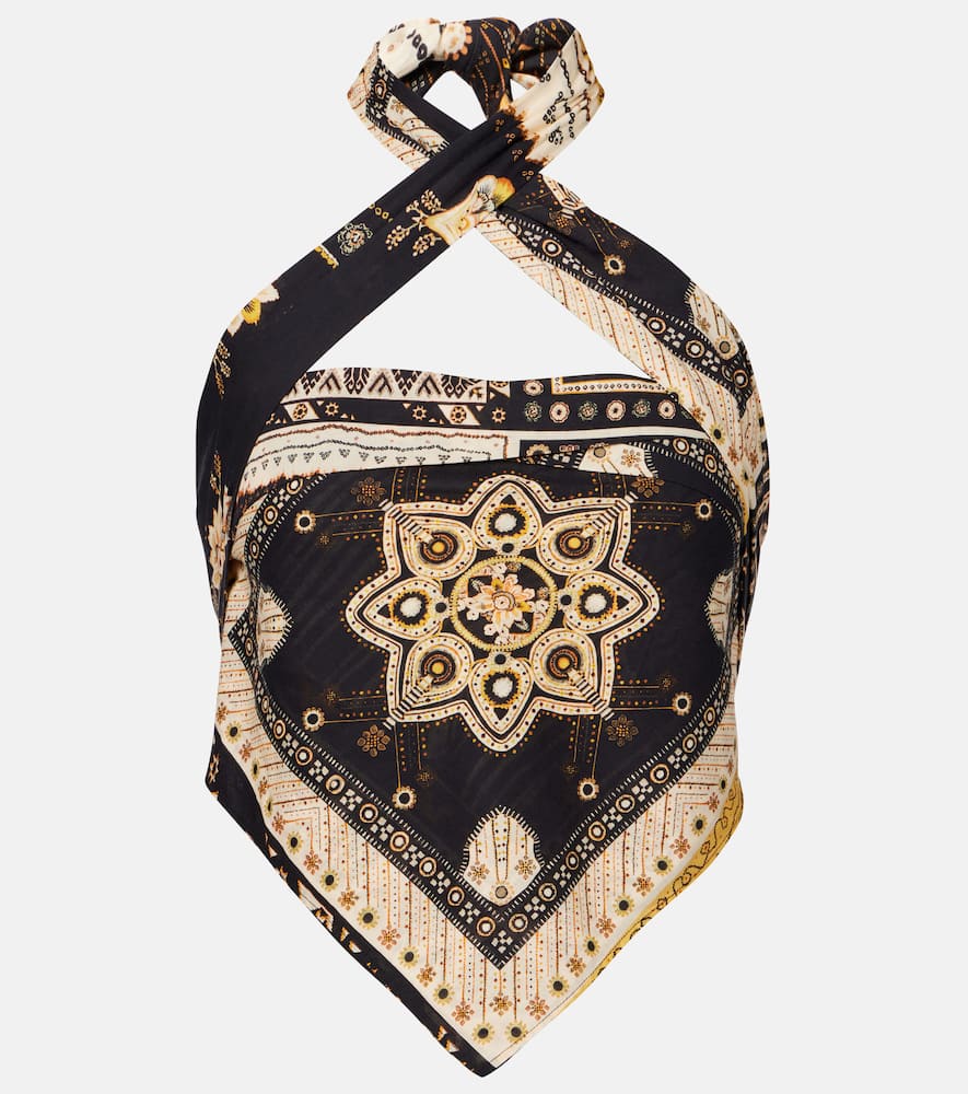 Isabel Marant Étoile Feyza Convertible Mixed Print Cotton Halter Top In Black / Ochre