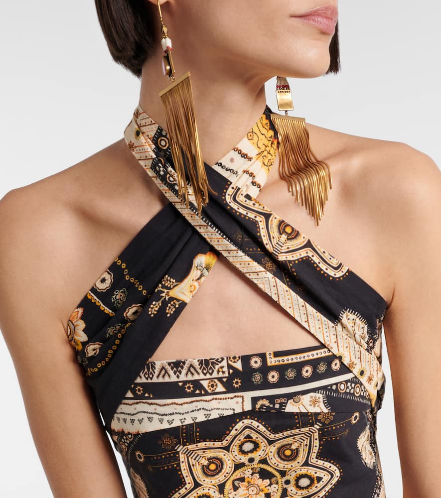 Isabel Marant Étoile Feyza Convertible Mixed Print Cotton Halter Top In Black / Ochre