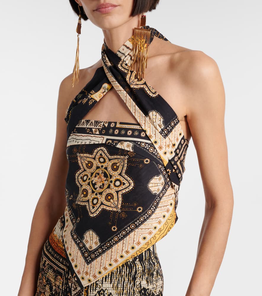 Isabel Marant Étoile Feyza Convertible Mixed Print Cotton Halter Top In Black / Ochre